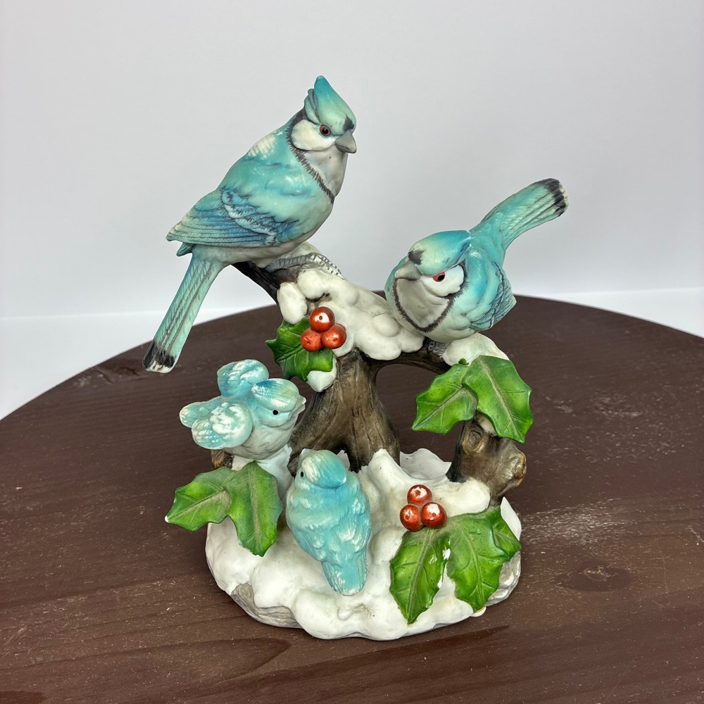 Vintage Wintertime Woodland BlueJays Figurine Porcelain Bird Family Snowy Branch